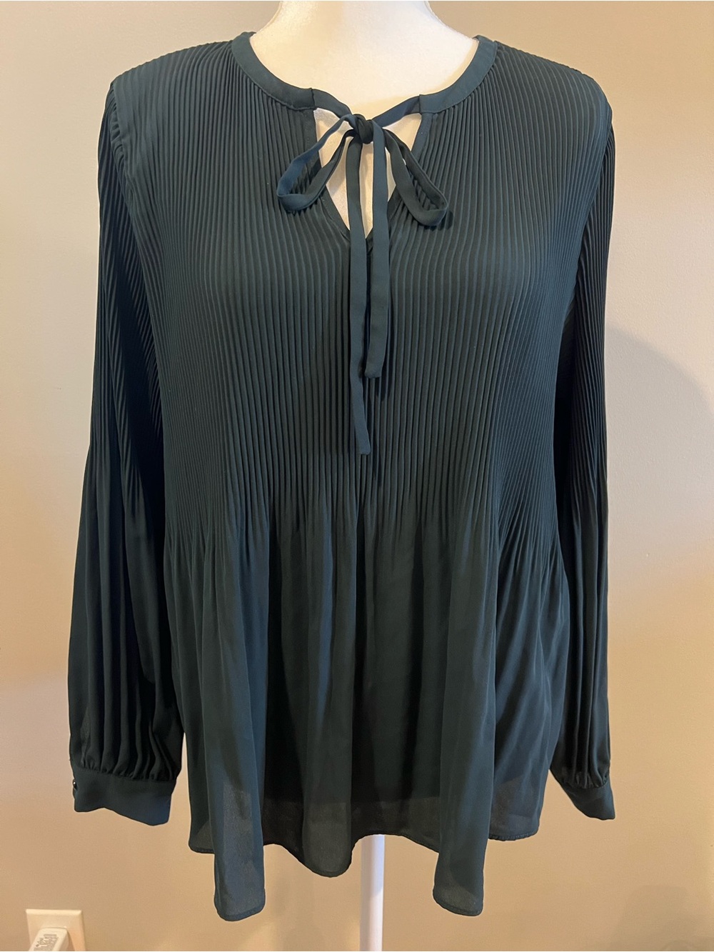 Adrianna Papell Forest Green Pleated Tie-Neck Blouse